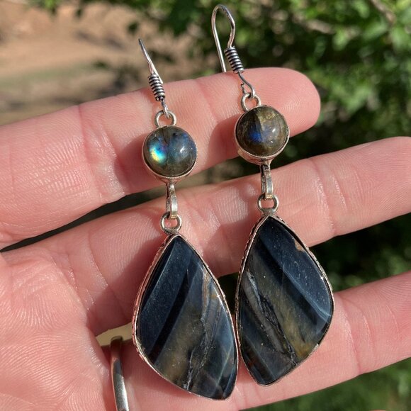 Labradorite and Blue Tigers Eye Hawk Eye Earrings Stone Crystal Jewelry - Picture 8 of 11